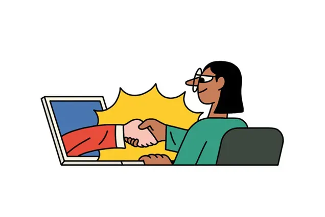 A flat-style illustration of a person sitting at a desk, reaching out to shake hands with a hand emerging from a laptop screen. A yellow burst icon emphasizes the handshake, symbolizing digital partnership, trust, and connection.