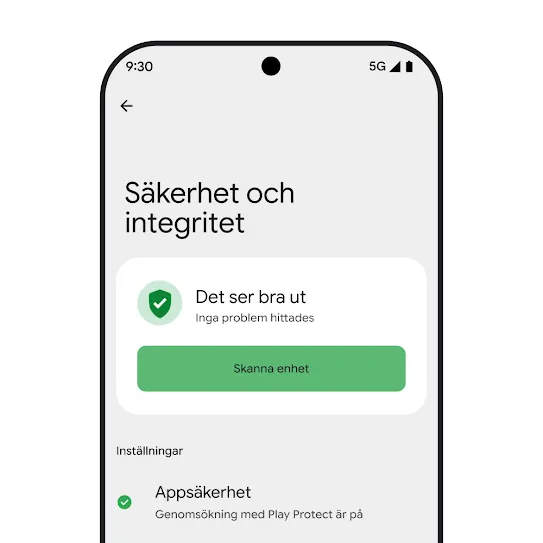 Bild som visar en smartphone-skärm med Android-operativsystemet och säkerhets- och integritetsinställningarna öppna. Resultaten av en enhetsgenomsökning och apparnas säkerhetsinställningar visas.