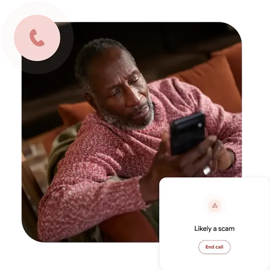 A person in a light reddish sweater is looking at their cellphone while they sit on a couch. A light red phone icon is on the lefthand corner and on the lower righthand corner is a security interface example.