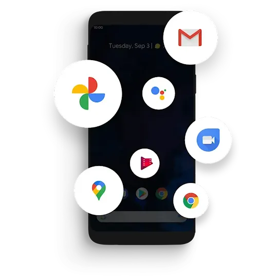 Several Google apps are shown in circles over top of an Android phone including Google Maps, Google Duo, Google Photos and more.