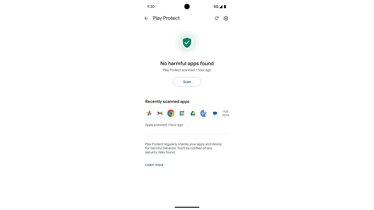 Print screen showing the interface of Play Protect displaying the result of a scan on the phone with no harmful apps detected.