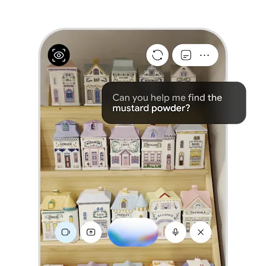 Using Gemini Live to locate a jar of oregano with a label that is difficult to read, on an Android phone.
