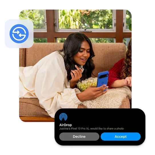 A person looks at a blue phone while an AirDrop notification asks to accept a photo from another user, with a Quick Share icon layered on top.