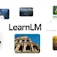The "LearnLM" logo centered among various blurred educational images, including the Roman Colosseum and nature shots.
