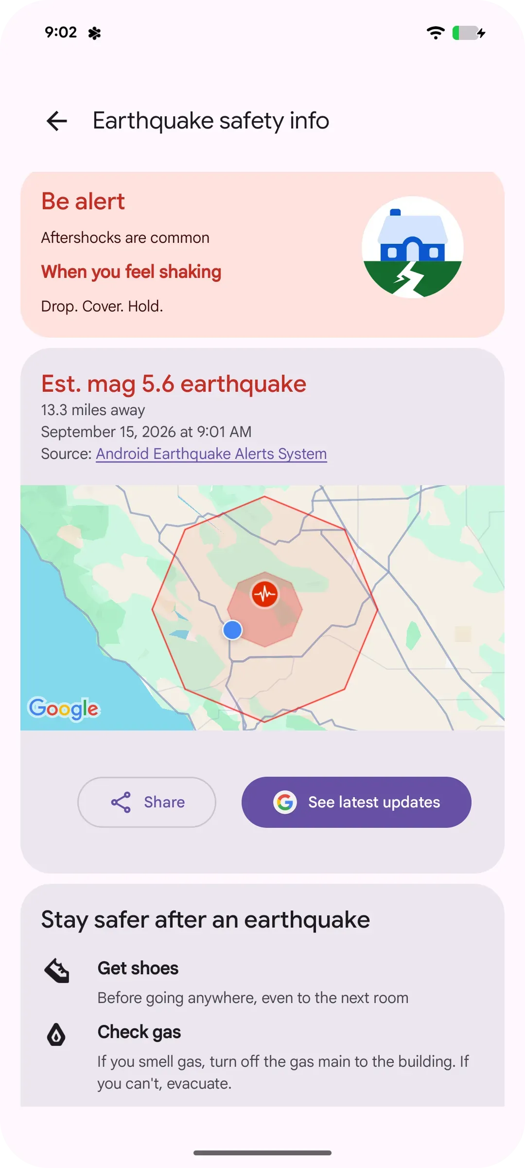 Image of phone UI that shows emergency safety info for after an Earthquake occurs. Such as Get shoes, check gas and avoid damaged buildings 