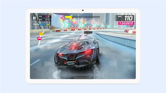 Racer cars reaching the finish line with arrows and balloons displayed on a tablet screen from the Asphalt 9 Legends game.