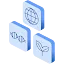 3D isometric blue icon set featuring a DNA strand, a globe, and a sprouting leaf on separate square tiles, representing natural sciences and global scientific assessments.