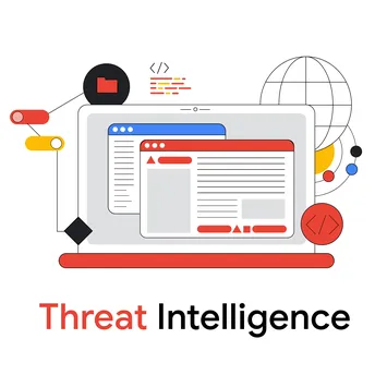 Illustration of a laptop with two browser windows and the text &quot;Threat Intelligence&quot; below, surrounded by icons representing data and cybersecurity.