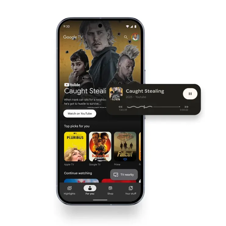 Google TV mobile app interface on a smartphone screen showing streaming options and media control panel.