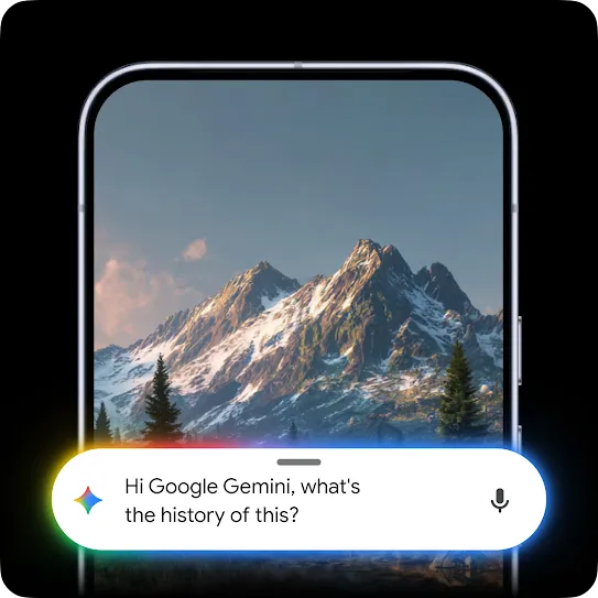 A mobile phone displaying a scenic mountain photo with a Google Gemini overlay asking, "Hi Google Gemini, what's the history of this?"