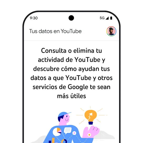 Imagen de la pantalla de un smartphone con YouTube abierto, en la que se muestra un mensaje informativo sobre "Tus datos en YouTube", que incluye detalles sobre cómo consultar y eliminar el historial de actividad.