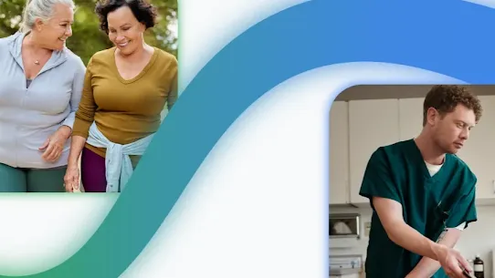 A composite graphic for "The Check Up with Google 2026." On the left, two older women are smiling and walking together outdoors, framed by a green border. On the right, a male healthcare professional in green scrubs works in a clinical setting, framed by a blue border. A large, flowing wave in shades of teal and blue connects the two scenes.