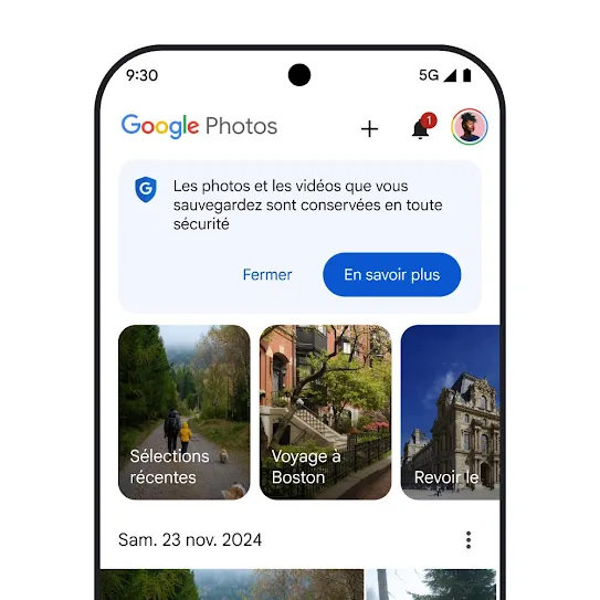 Une image de l'écran d'un téléphone intelligent avec Google Photos ouvert, affichant un message de sécurité indiquant « Les photos et les vidéos que vous sauvegardez sont conservées en toute sécurité » avec un lien pour en savoir plus.