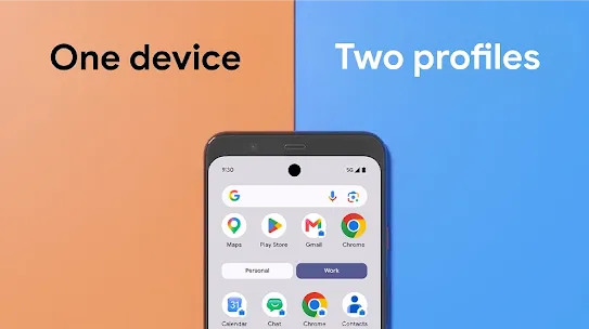 Promotional image with an orange and blue background divided by a center line featuring a smartphone showing an app drawer divided into separate personal and work categories.