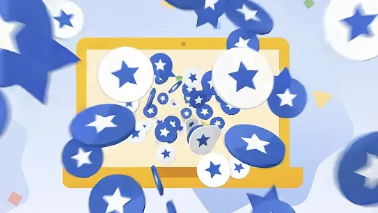 An illustration depicting a yellow laptop screen with blue and white star badges popping out and floating around it against a light blue background