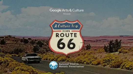  pixelated image of Route 66 with collector car driving and route 66 shield layered on top