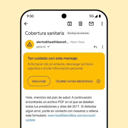 Imagen de un correo en Gmail en la pantalla de un smartphone, donde se muestra una alerta de seguridad por un posible intento de phishing.