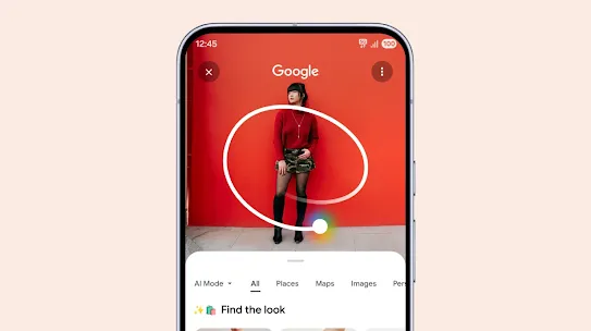 An Android phone screen shows an outfit being circled with a search result of each piece of the outfit at the bottom of the screen. 