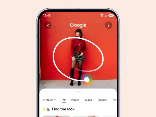An Android phone screen shows an outfit being circled with a search result of each piece of the outfit at the bottom of the screen. 