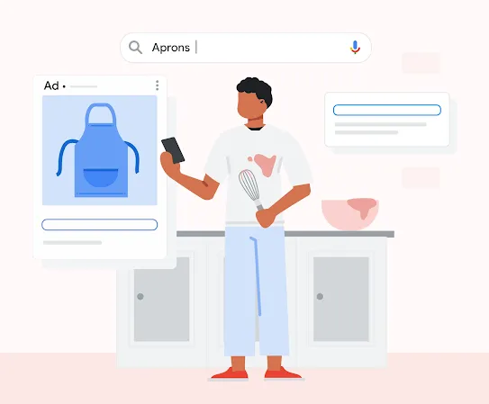 Illustration of a man in his kitchen using Google Search on his phone with an ad for a cooking apron.