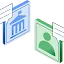 3D isometric illustration showing a blue building icon with a speech bubble and a green person icon with a speech bubble, representing public policy collaboration and dialogue.