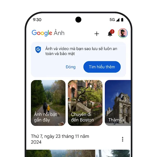 Hình ảnh màn hình điện thoại thông minh đang mở Google Photos, hiển thị một thông báo về bảo mật có nội dung "Ảnh và video bạn sao lưu sẽ được lưu trữ an toàn và bảo mật" cùng một đường liên kết để tìm hiểu thêm.