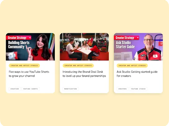 A web layout featuring three rounded content blocks in a row on a cream-yellow background. The left card shows a smiling woman pointing upward, titled "Five ways to use YouTube Shorts to grow your channel." The center card shows three people collaborating at a white table, titled "Introducing the Brand Deal Desk to level up your brand partnerships." The right card shows a smiling man with glasses and a red jacket, titled "Ask Studio: Getting started guide for creators."