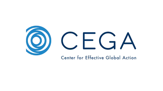 Official logo for the Center for Effective Global Action (CEGA) featuring a blue concentric swirl icon next to bold dark blue text on a white background.
