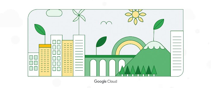 Illustration showing buidlings, windmills, green leaves, and a sun