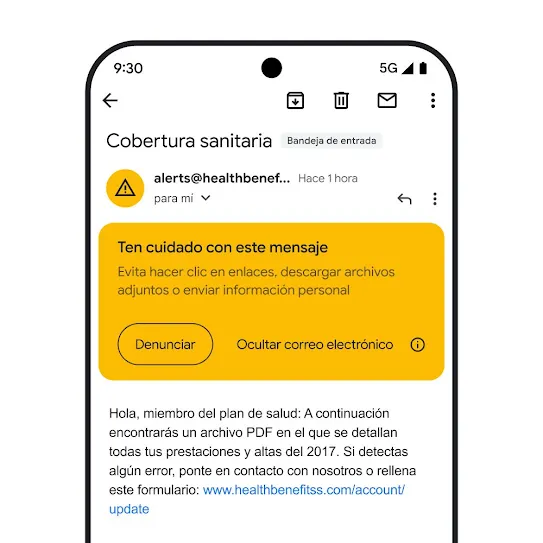 Imagen de un correo en Gmail en la pantalla de un smartphone, donde se muestra una alerta de seguridad por un posible intento de phishing.
