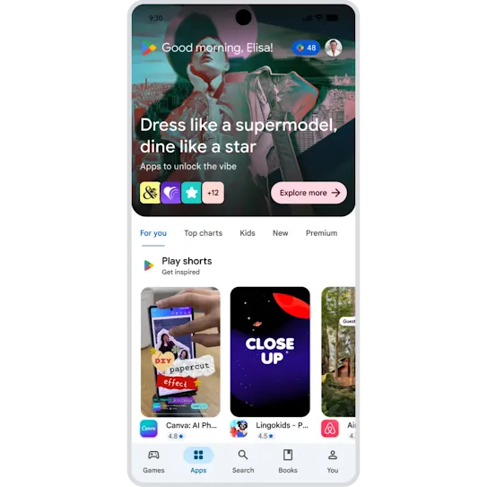 Scrolling through a feed of short video reels that show previews of how the Canva, Lingokids, and Airbnb apps work in Google Play on an Android phone.