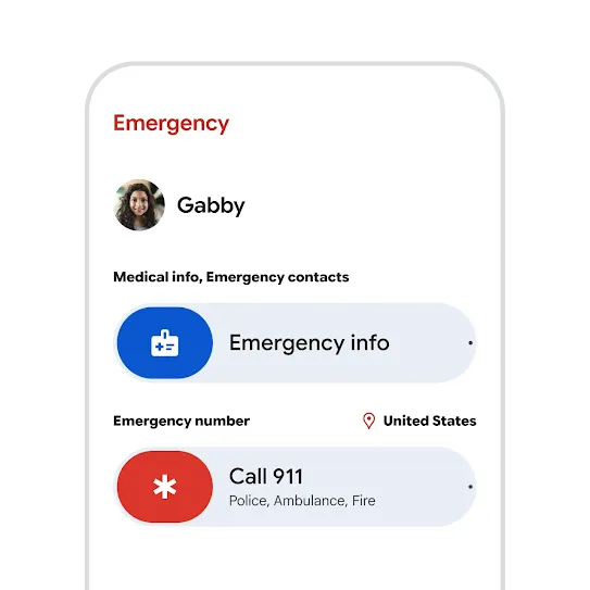 Opening emergency information in the Personal Safety app for kids and viewing emergency contacts on an Android phone.