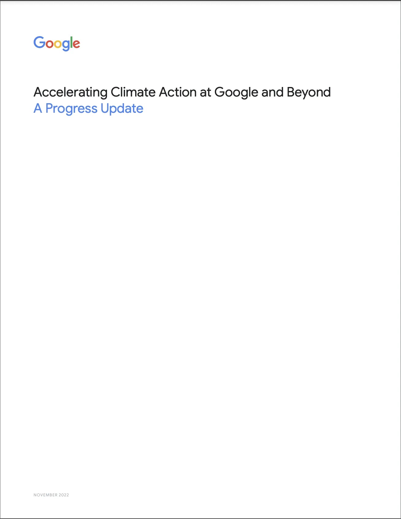 Cover image of a white paper titled: Accelerating Climate Action at Google and Beyond: A Progress Update