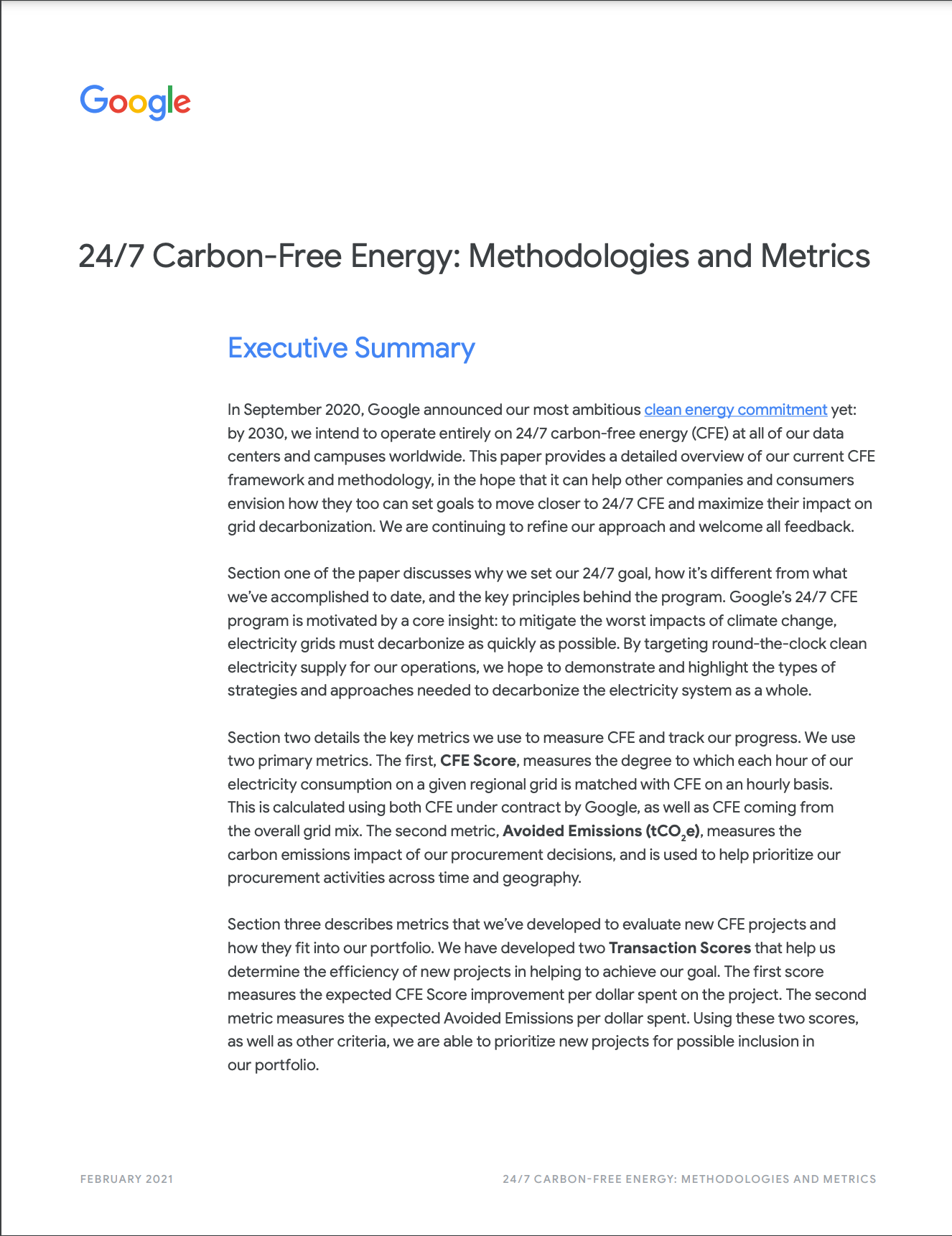 Cover image of a white paper titled: 24/7 Carbon-Free Energy: Methodologies and Metrics