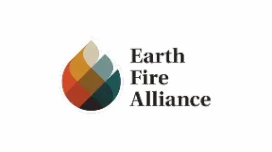 Official Earth Fire Alliance logo featuring a flame-shaped icon created with overlapping geometric shapes in warm and earthy tones beside dark serif typography on a white background.
