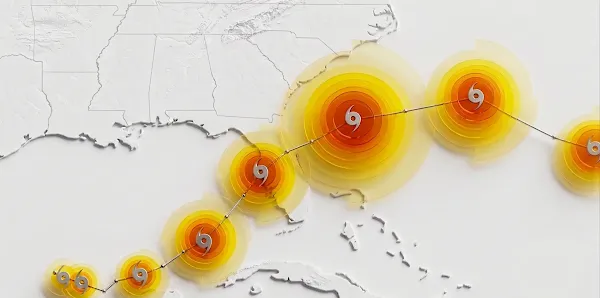 Stylized map showing a forecasted cyclone track over the southeastern United States, with concentric yellow and orange circles indicating storm path and intensity.