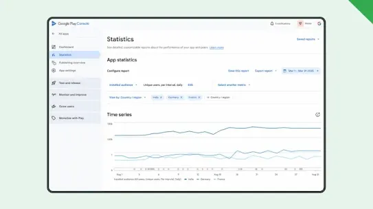 In Play Console, the Statistics page shows a "Times series" chart alongside a description of the chart generated by Gemini.