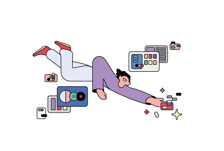 An illustration of a person floating or "diving" through a digital space, reaching out to touch various floating data modules and interfaces.