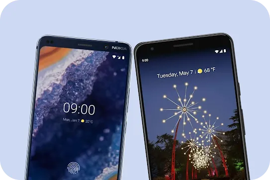 Two Android smartphones side by side against a light blue background. The phone on the left shows a lock screen with a fingerprint sensor icon and a "Nokia" logo. The phone on the right shows a home screen with a date and weather widget.