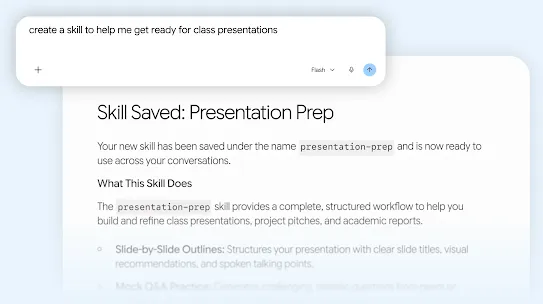 A digital interface showing a user prompt to "create a skill to help me get ready for class presentations" and the resulting confirmation page titled "Skill Saved: Presentation Prep" outlining how the custom skill helps build presentations.