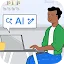A flat-style vector illustration of a man sitting at a desk with a coffee mug, typing on his laptop with an AI icon speech bubble above it.