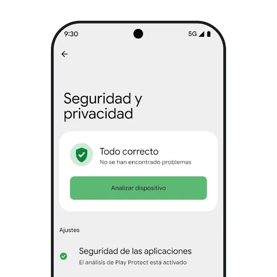 Imagen de la pantalla de un smartphone con el SO Android y los ajustes de Seguridad y privacidad abiertos, donde se muestran los resultados de un análisis del dispositivo y los ajustes de seguridad de las aplicaciones.