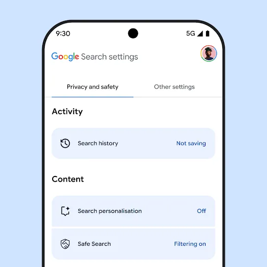 Visual of Google Search settings on smartphone screen, including settings for Search history, Search personalisation and SafeSearch.