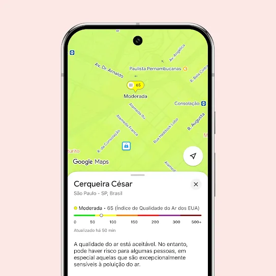 Tela de smartphone mostrando um card de detalhes da qualidade do ar no Google Maps para o endereço 130 Lovell Ave, Mill Valley, Califórnia. A visualização de cima do mapa mostra uma camada de gradiente amarelo indicando um IQA de 80 com o rótulo "Qualidade do ar moderada". O painel inferior mostra a classificação detalhada como "Moderada – 80 IQA (EUA)" ao lado de uma escala do índice codificada por cores e um texto explicativo observando que a qualidade do ar é aceitável, mas pode representar um risco para pessoas vulneráveis.