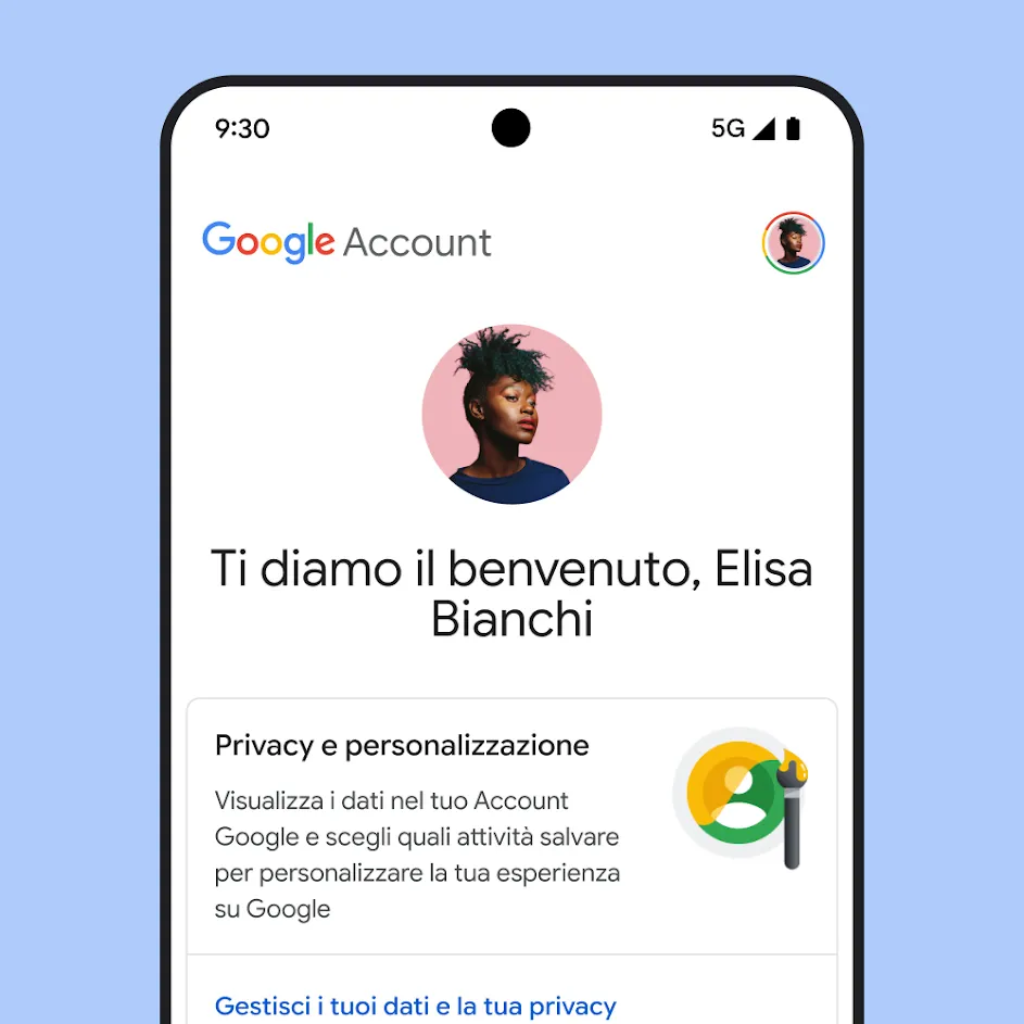 Immagine dell'UI dell'Account Google personale, che include messaggi sulla privacy e sulla personalizzazione e un link per gestire i dati e la privacy.