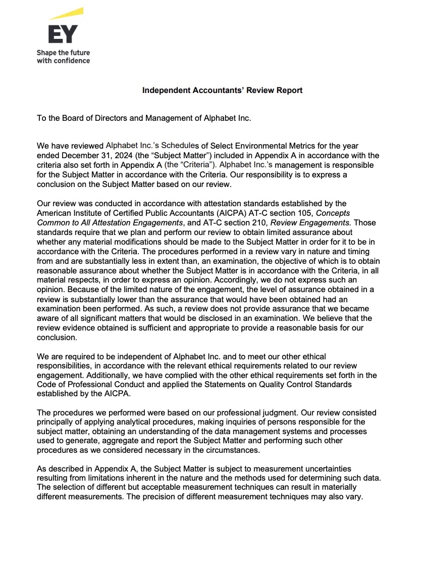 Cover image of Alphabet’s 2025 (FY2024) Environmental Indicators Assurance Letter