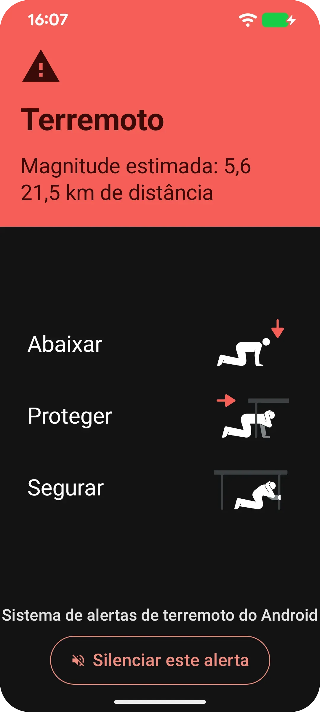Interface de um smartphone mostrando instruções de segurança em caso de terremoto, incluindo abaixar, se proteger e segurar firme