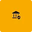 A black icon of a classical building with pillars, representing a bank or government institution, with a small shield and checkmark in the foreground on a solid yellow background.