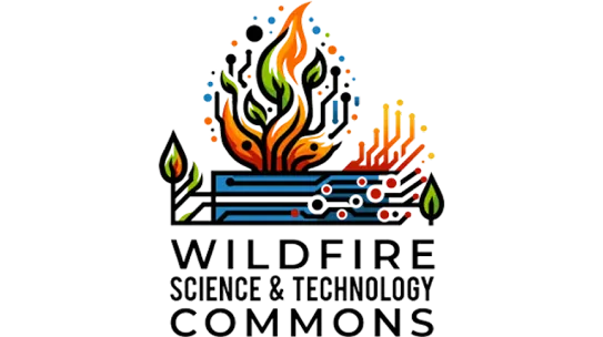 Official logo for Wildfire Science & Technology Commons featuring stylized flames emerging from circuit board elements with green leaves, above bold black text on a white background.