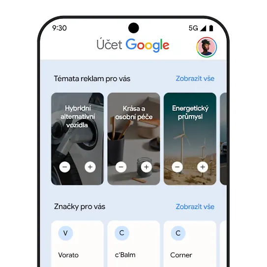 Stránka Moje centrum reklam s ovládacími prvky k přizpůsobení reklam.